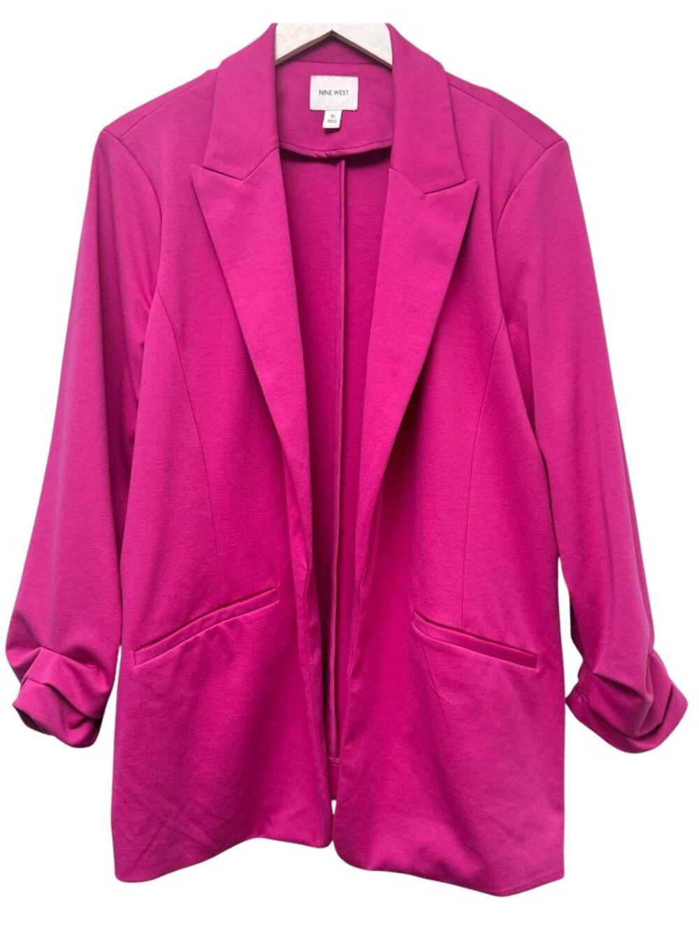 Nine West Blazer Size XL Hot Pink Ponte Knit Stretch Jacket Ruched Sleeves